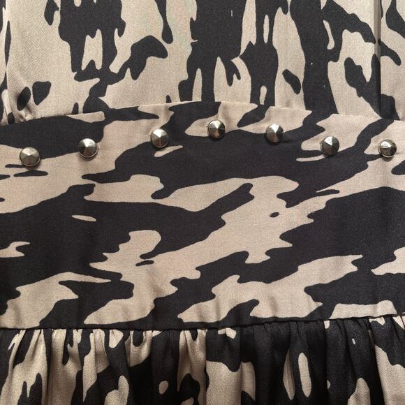 Sandro Paris Printed Black + Cream Silk Mini Dress 2 | Pockets Studded Rare NWOT - Picture 10 of 15